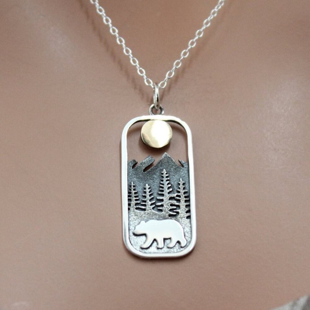 Sterling Silver Rectangle Bear Charm with Bronze Sun Necklace